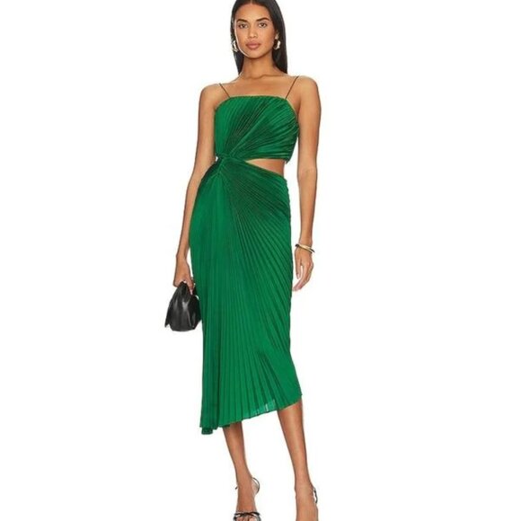 Alice + Olivia GREEN Pleated Fayeth Midi Dress | Size 4 - Picture 1 of 9